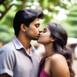 A 24-year-old Indian girl lovingly kissing her boyfriend