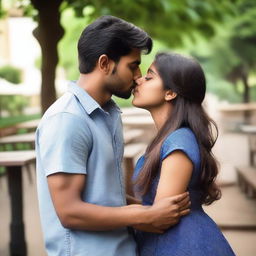 A 24-year-old Indian girl lovingly kissing her boyfriend