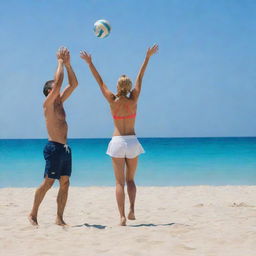 A man and his wife joyously playing volleyball on a sunny beach, with the azure sea in the background