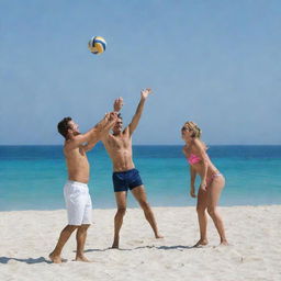 A man and his wife joyously playing volleyball on a sunny beach, with the azure sea in the background