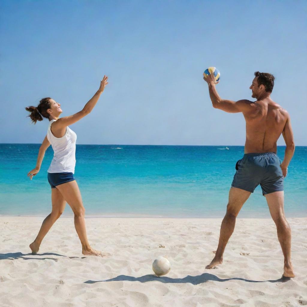 A man and his wife joyously playing volleyball on a sunny beach, with the azure sea in the background