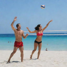 A man and his wife joyously playing volleyball on a sunny beach, with the azure sea in the background