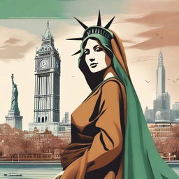 Create a book cover featuring Big Ben and the Statue of Liberty in the background