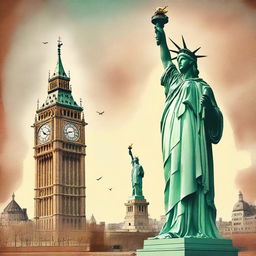 Create a book cover featuring Big Ben and the Statue of Liberty in the background