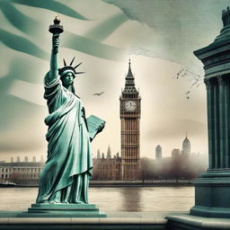 A surreal background featuring Big Ben and the Statue of Liberty