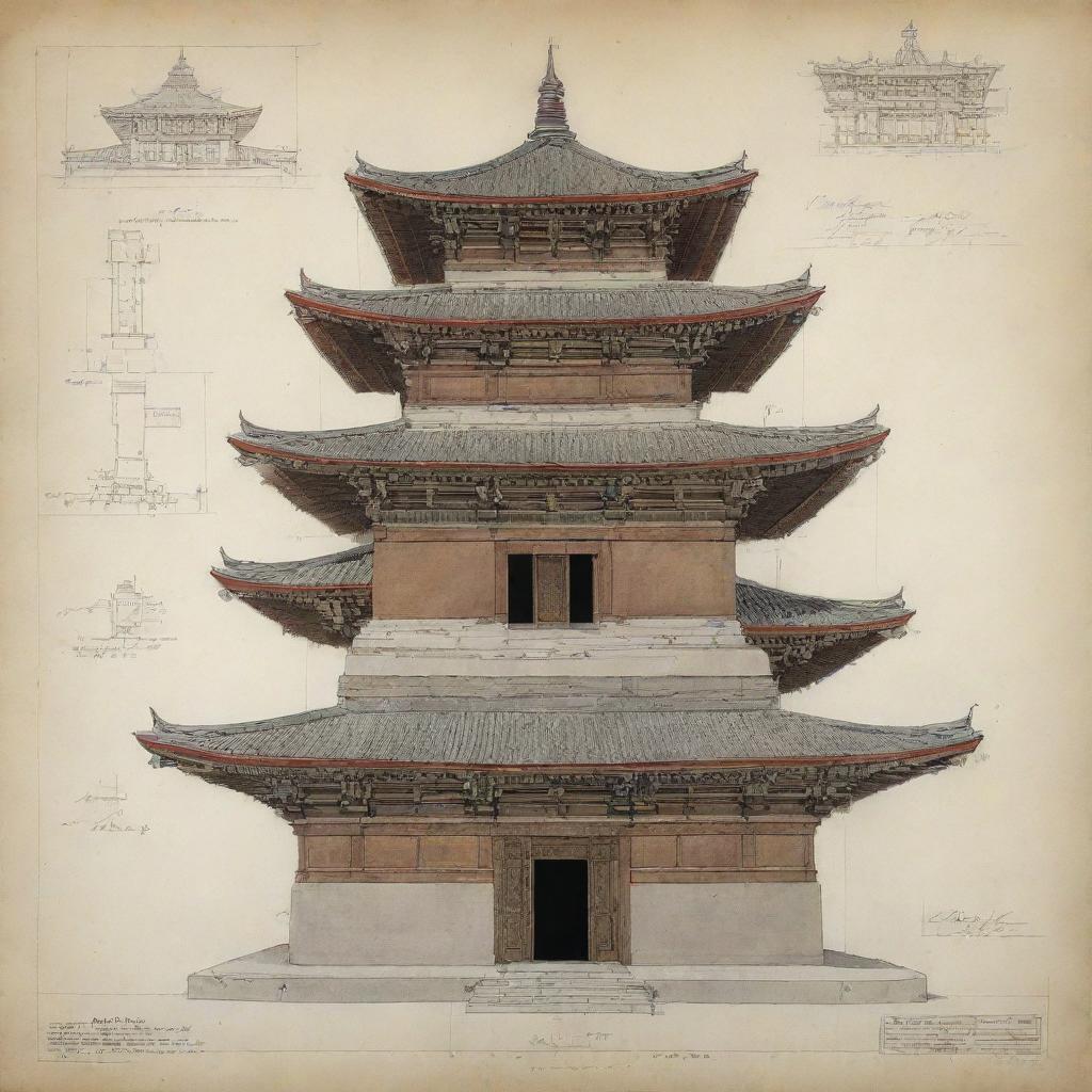 An accurate and detailed engineering drawing of a Bhutanese Chhorten, showcasing its unique architectural features.