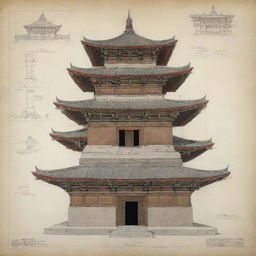 An accurate and detailed engineering drawing of a Bhutanese Chhorten, showcasing its unique architectural features.