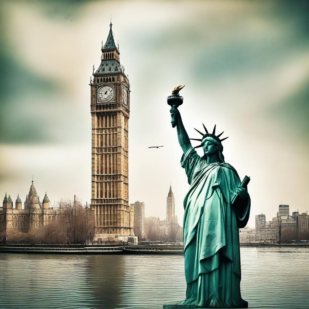 A surreal background featuring Big Ben and the Statue of Liberty