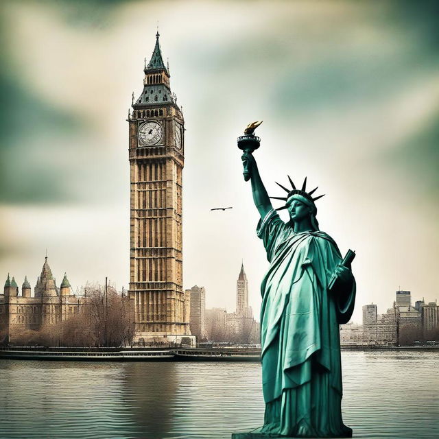 A surreal background featuring Big Ben and the Statue of Liberty