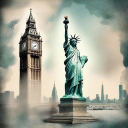 A surreal background featuring Big Ben and the Statue of Liberty