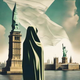 A surreal background featuring Big Ben and the Statue of Liberty