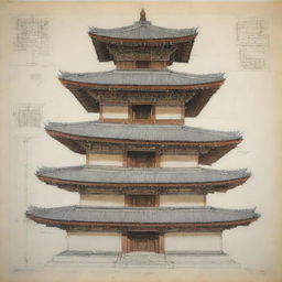 An accurate and detailed engineering drawing of a Bhutanese Chhorten, showcasing its unique architectural features.