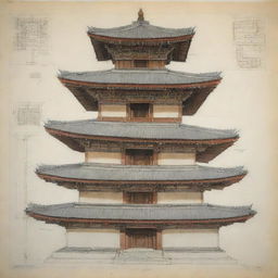 An accurate and detailed engineering drawing of a Bhutanese Chhorten, showcasing its unique architectural features.