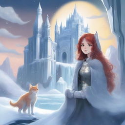 A mystical landscape featuring a silver crystal castle partially submerged in ice and snow
