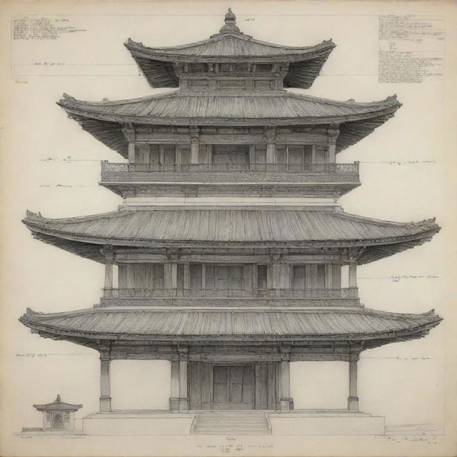 An accurate and detailed engineering drawing of a Bhutanese Chhorten, showcasing its unique architectural features.