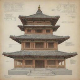 An accurate and detailed engineering drawing of a Bhutanese Chhorten, showcasing its unique architectural features.