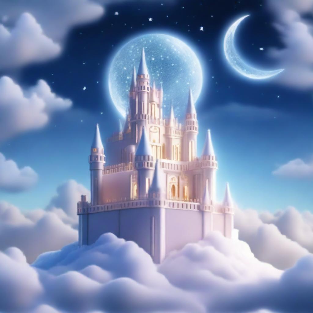 Create a stunning and incredible floating crystal castle in the sky, with delicate lunar details