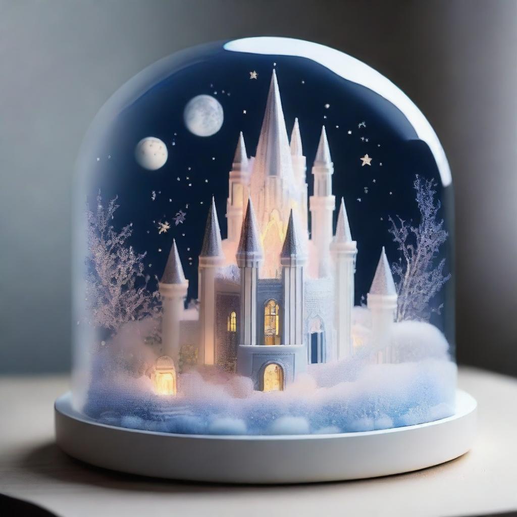 Create a stunning and incredible floating crystal castle in the sky, with delicate lunar details