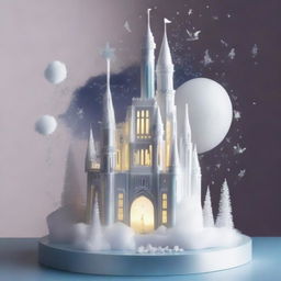 Create a stunning and incredible floating crystal castle in the sky, with delicate lunar details