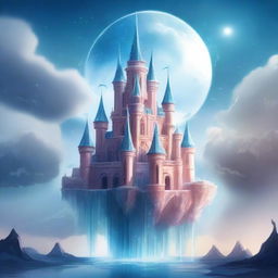 Create an illustration of a beautiful and incredible floating crystal castle in the sky, with delicate lunar details