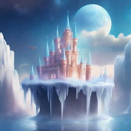 Create an illustration of a beautiful and incredible floating crystal castle in the sky, with delicate lunar details