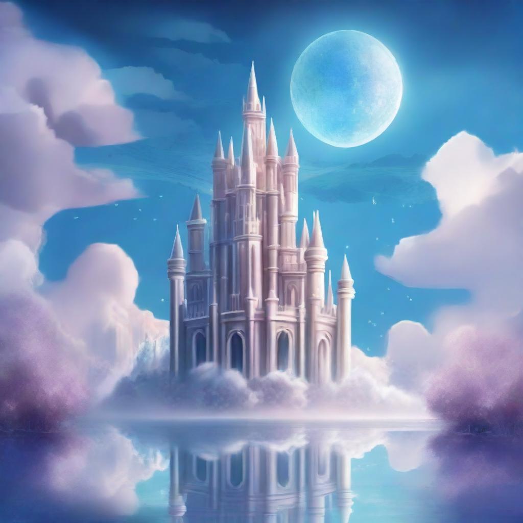 Create an illustration of a beautiful and incredible floating crystal castle in the sky, with delicate lunar details