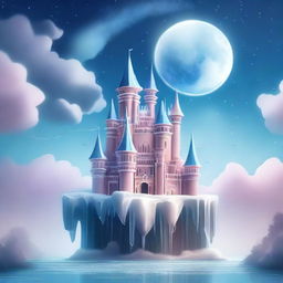 Create an illustration of a beautiful and incredible floating crystal castle in the sky, with delicate lunar details