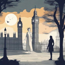 An animated scene of a woman holding a flashlight in her hand, wandering at night through parks with Big Ben and the Statue of Liberty around her