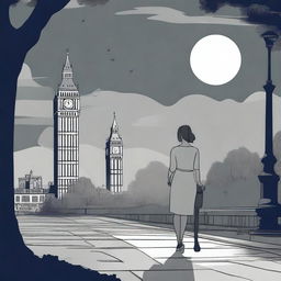 An animated scene of a woman holding a flashlight in her hand, wandering at night through parks with Big Ben and the Statue of Liberty around her