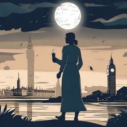 An animated scene of a woman holding a flashlight in her hand, wandering at night through parks with Big Ben and the Statue of Liberty around her