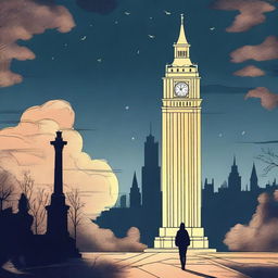 An animated scene of a woman holding a flashlight in her hand, wandering at night through parks with Big Ben and the Statue of Liberty around her