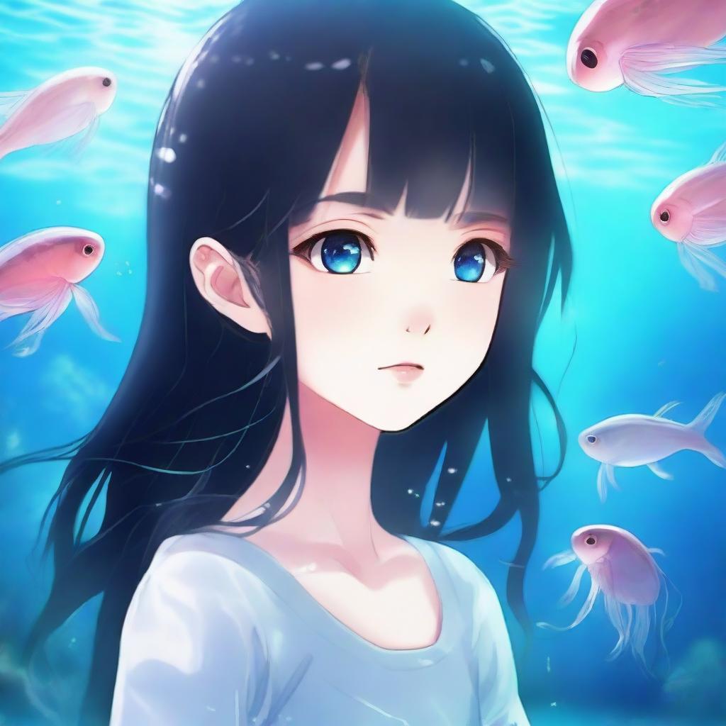 An anime-style image mixed with realism of a girl with long black hair and black eyes, looking at a huge aquarium