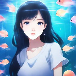 An anime-style image mixed with realism of a girl with long black hair and black eyes, looking at a huge aquarium