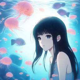 An anime-style image mixed with realism of a girl with long black hair and black eyes, looking at a huge aquarium