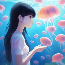 An anime-style image mixed with realism of a girl with long black hair and black eyes, looking at a huge aquarium