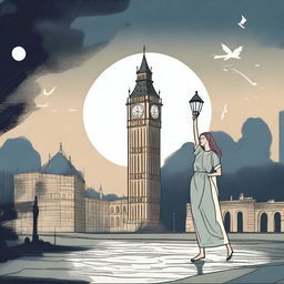 An animated scene of a woman holding a lit flashlight in her hand, wandering through a park at night