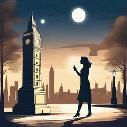 An animated scene of a woman holding a lit flashlight in her hand, wandering through a park at night