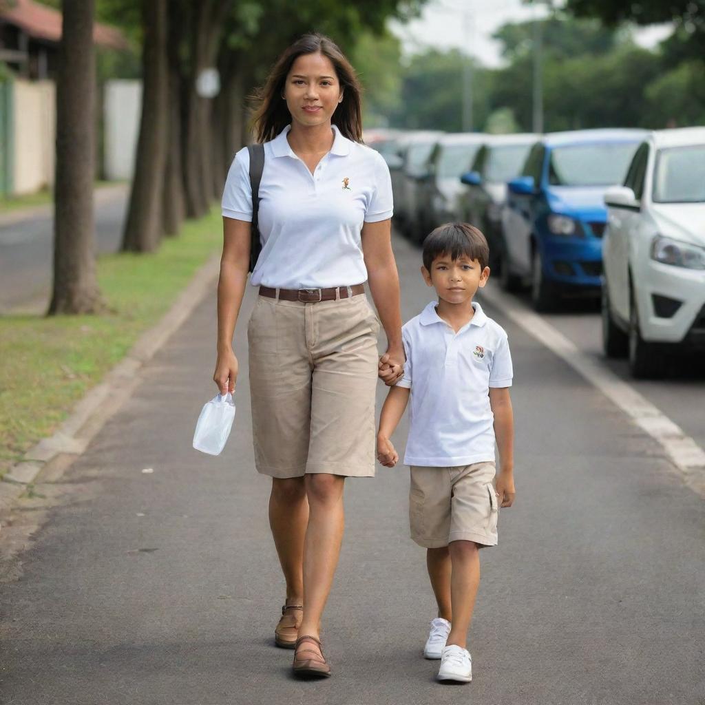 A young Filipino mother in her early thirties with shoulder length hair walking hand-in-hand with her 5-year-old Filipino-Indian son, who is donning a white polo shirt and light brown shorts, on his way to school.