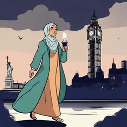 An animated scene of a Muslim woman wearing a scarf and a suit, holding a flashlight in her hand