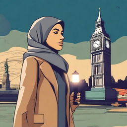 An animated scene of a Muslim woman wearing a scarf and a suit, holding a flashlight in her hand