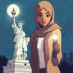 An animated scene of a Muslim woman wearing a scarf and a suit, holding a flashlight in her hand