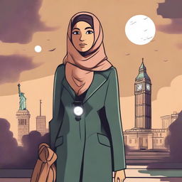 An animated scene of a Muslim woman wearing a scarf and a suit, holding a flashlight in her hand