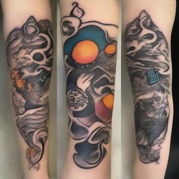 A detailed tattoo design inspired by the Avatar universe, featuring elements like the four elements (water, earth, fire, air), iconic characters, and mystical creatures