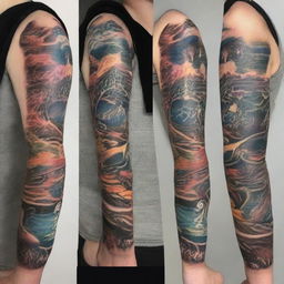 A detailed tattoo design inspired by the Avatar universe, featuring elements like the four elements (water, earth, fire, air), iconic characters, and mystical creatures