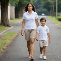 A young Filipino mother in her early thirties with shoulder length hair walking hand-in-hand with her 5-year-old Filipino-Indian son, who is donning a white polo shirt and light brown shorts, on his way to school.