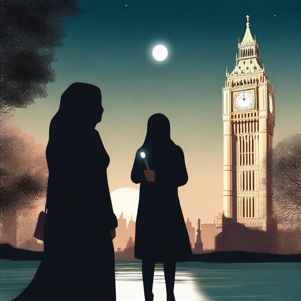 An AI-generated scene of a Muslim woman wearing a scarf and a black suit, holding a flashlight in her hand at night