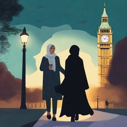 An AI-generated scene of a Muslim woman wearing a scarf and a black suit, holding a flashlight in her hand at night