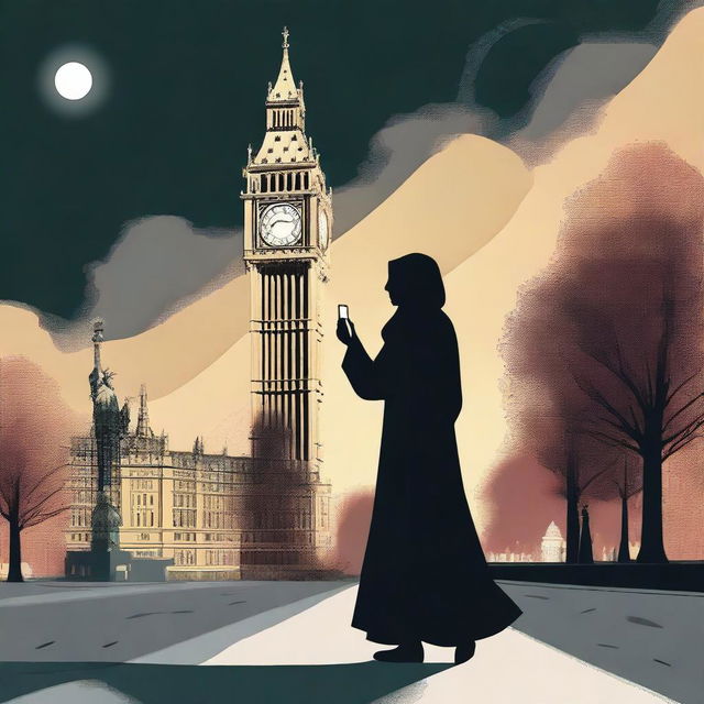 An AI-generated scene of a Muslim woman wearing a scarf and a black suit, holding a flashlight in her hand at night