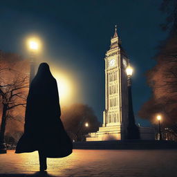 An AI-generated scene of a veiled woman wearing a scarf and a black suit, holding a flashlight in her hand at night