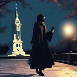 An AI-generated scene of a veiled woman wearing a scarf and a black suit, holding a flashlight in her hand at night